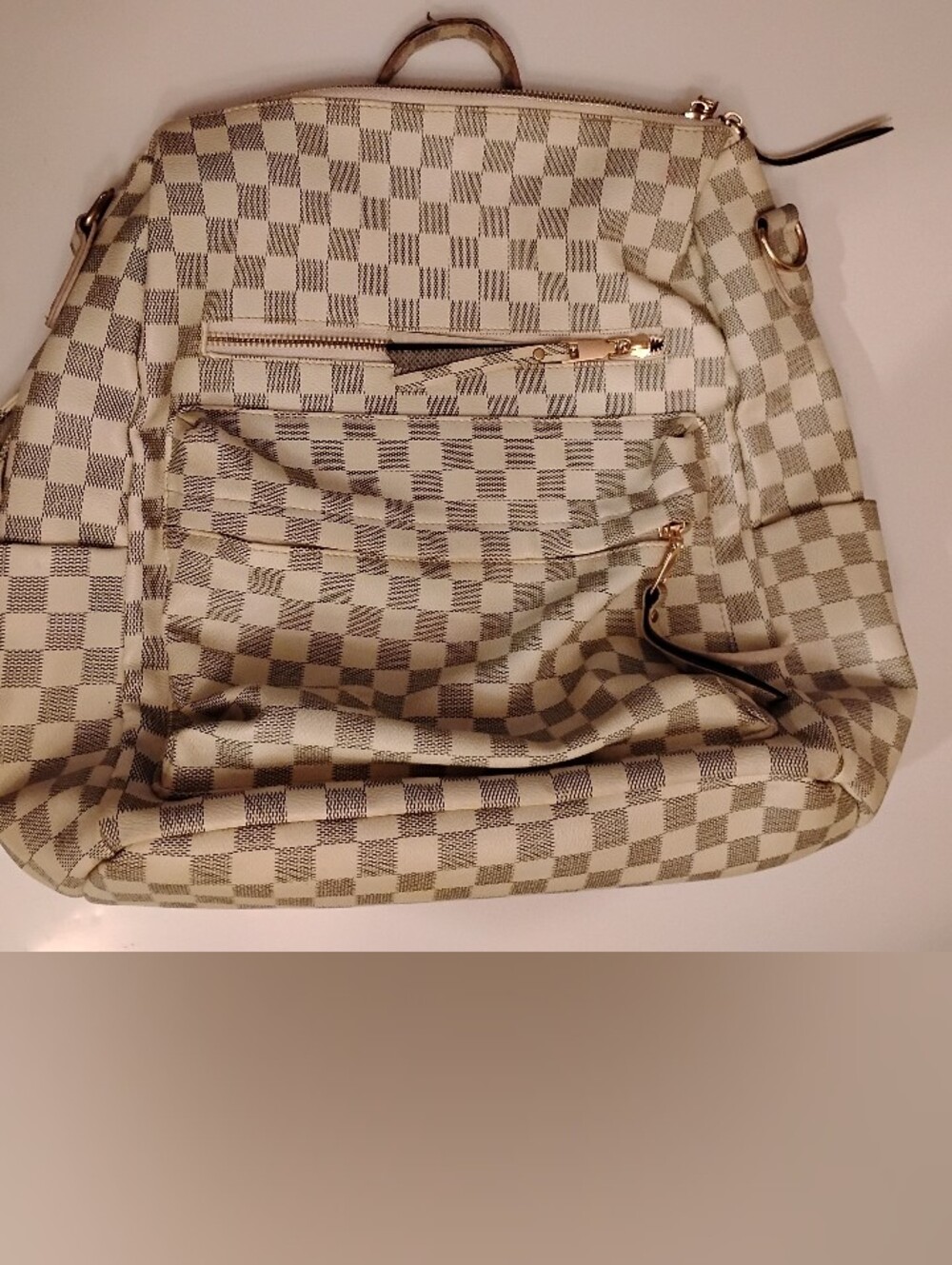 Checkered Cream & Gray Multiple Pockets Zippers Backpack/Tote Approx. 13"x16"